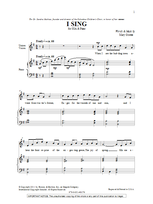 Download Mary Goetze I Sing Sheet Music and learn how to play SSA PDF digital score in minutes