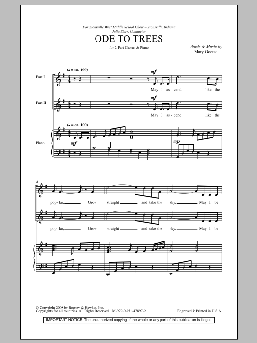 Download Mary Goetze Ode To Trees Sheet Music and learn how to play 2-Part Choir PDF digital score in minutes
