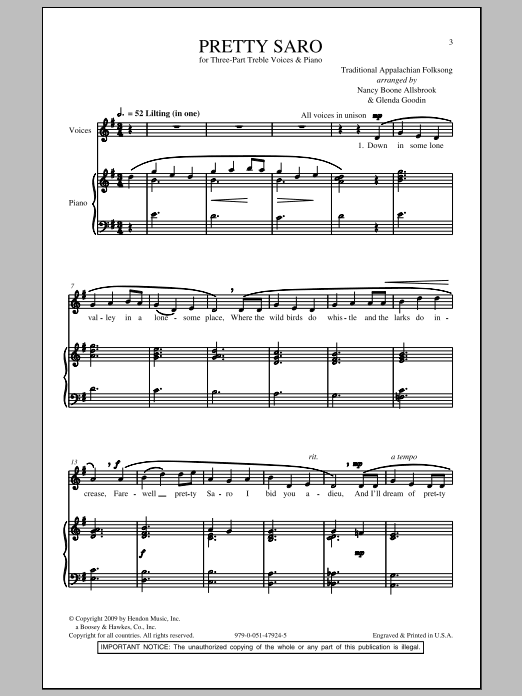 Download Mary Goetze Pretty Saro Sheet Music and learn how to play 3-Part Treble PDF digital score in minutes