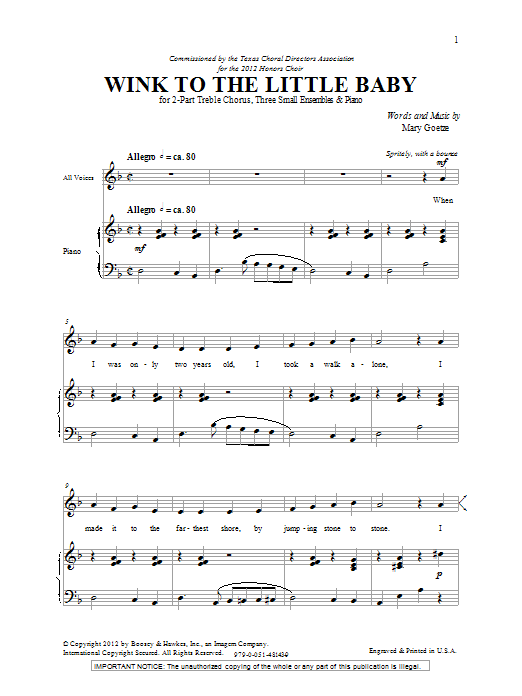 Download Mary Goetze Wink To The Little Baby Sheet Music and learn how to play 2-Part Choir PDF digital score in minutes