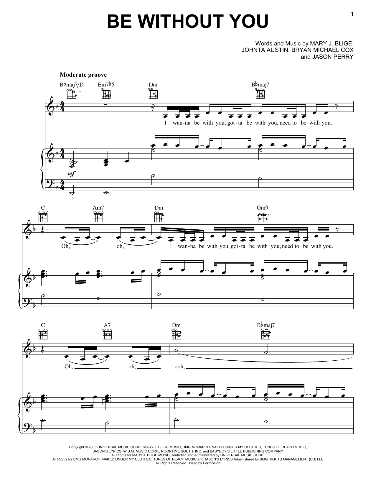 Download Mary J. Blige Be Without You Sheet Music and learn how to play Piano, Vocal & Guitar (Right-Hand Melody) PDF digital score in minutes