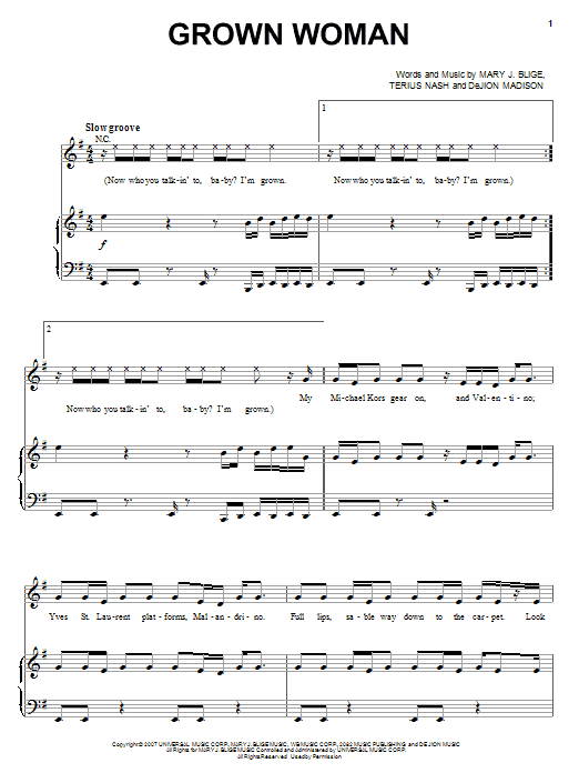 Download Mary J. Blige Grown Woman Sheet Music and learn how to play Piano, Vocal & Guitar (Right-Hand Melody) PDF digital score in minutes