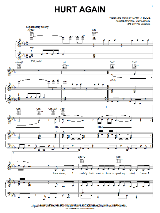 Download Mary J. Blige Hurt Again Sheet Music and learn how to play Piano, Vocal & Guitar (Right-Hand Melody) PDF digital score in minutes