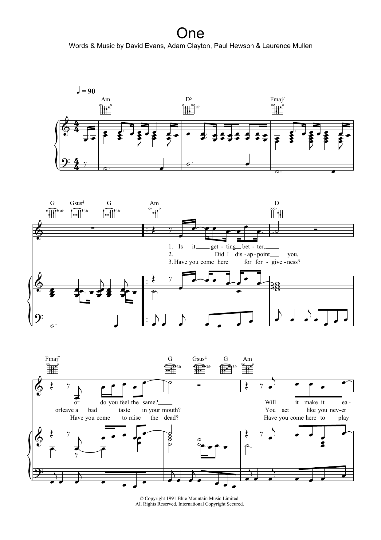 Download Mary J. Blige ft U2 One Sheet Music and learn how to play Piano, Vocal & Guitar (Right-Hand Melody) PDF digital score in minutes