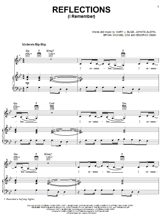 Download Mary J. Blige Reflections (I Remember) Sheet Music and learn how to play Piano, Vocal & Guitar (Right-Hand Melody) PDF digital score in minutes