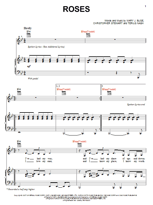 Download Mary J. Blige Roses Sheet Music and learn how to play Piano, Vocal & Guitar (Right-Hand Melody) PDF digital score in minutes