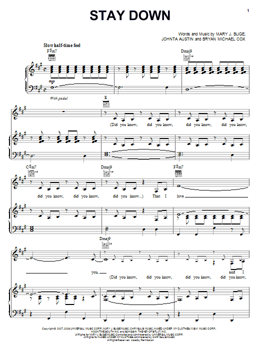 Download Mary J. Blige Stay Down Sheet Music and learn how to play Piano, Vocal & Guitar (Right-Hand Melody) PDF digital score in minutes