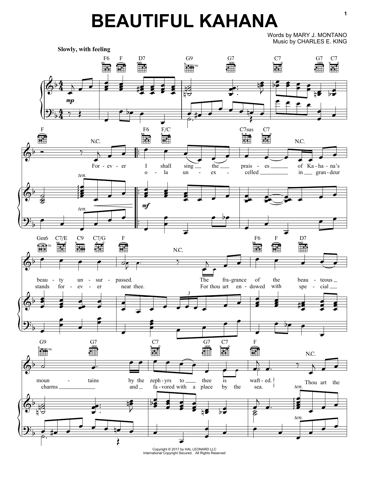 Download Mary J. Montano Beautiful Kahana Sheet Music and learn how to play Piano, Vocal & Guitar (Right-Hand Melody) PDF digital score in minutes