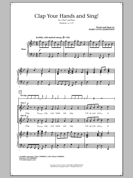 Download Mary Lynn Lightfoot Clap Your Hands And Sing! Sheet Music and learn how to play SATB PDF digital score in minutes