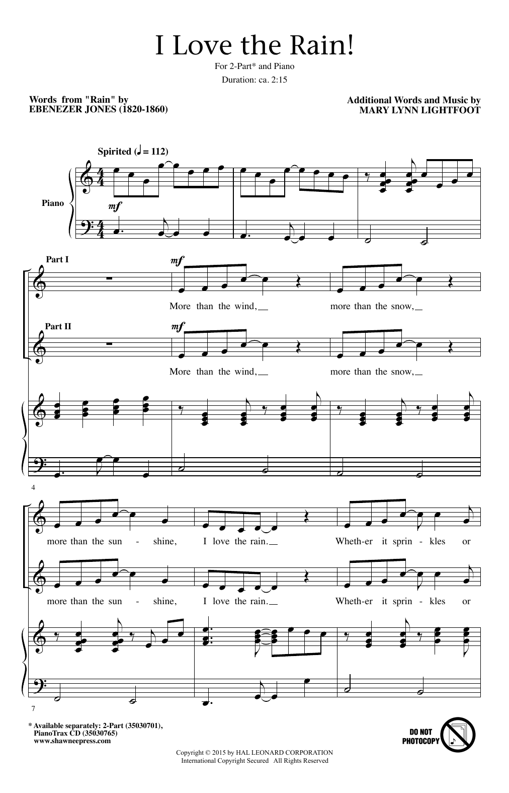Download Mary Lynn Lightfoot I Love The Rain! Sheet Music and learn how to play 2-Part Choir PDF digital score in minutes