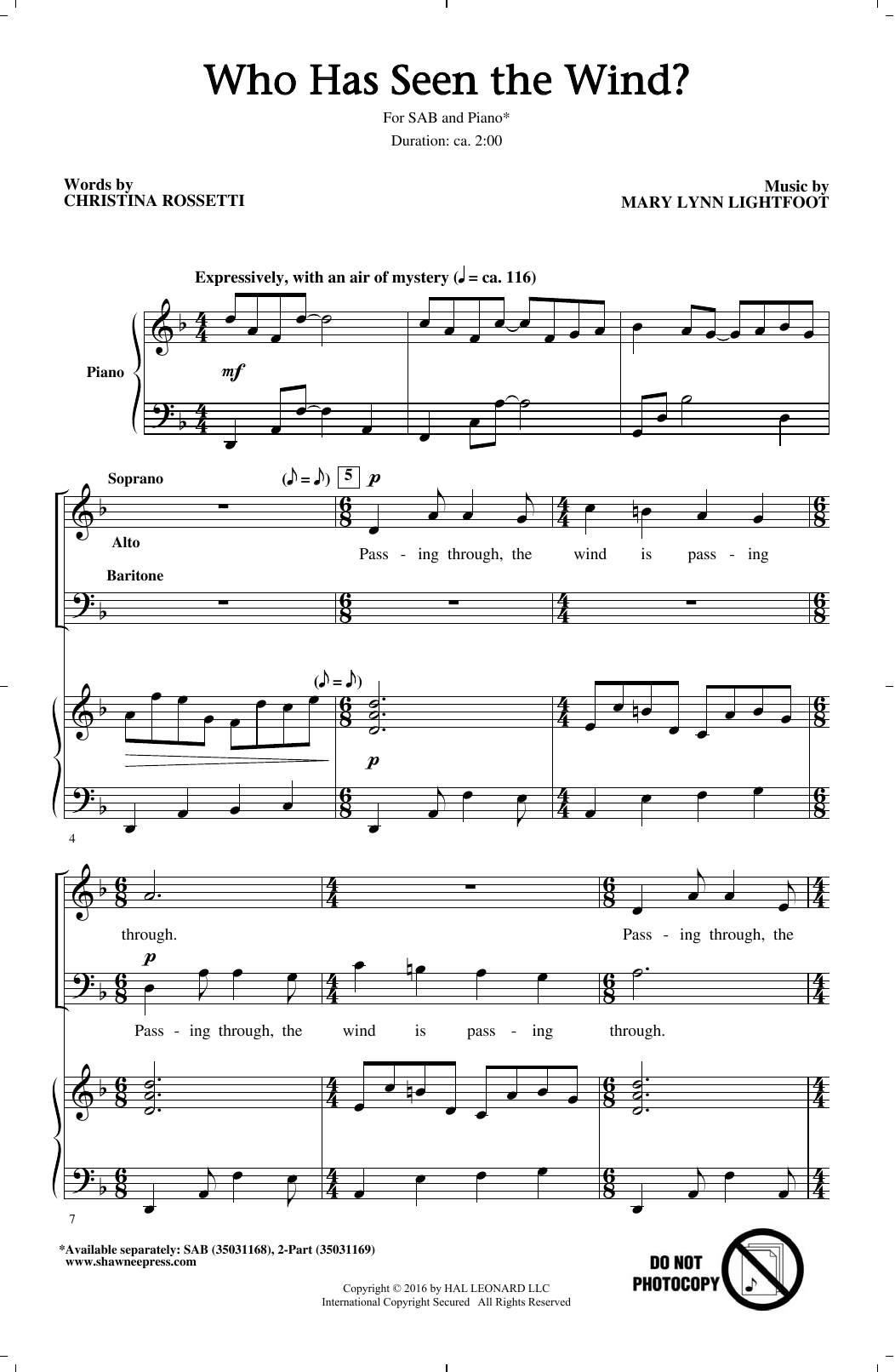 Download Mary Lynn Lightfoot Who Has Seen The Wind? Sheet Music and learn how to play 2-Part Choir PDF digital score in minutes