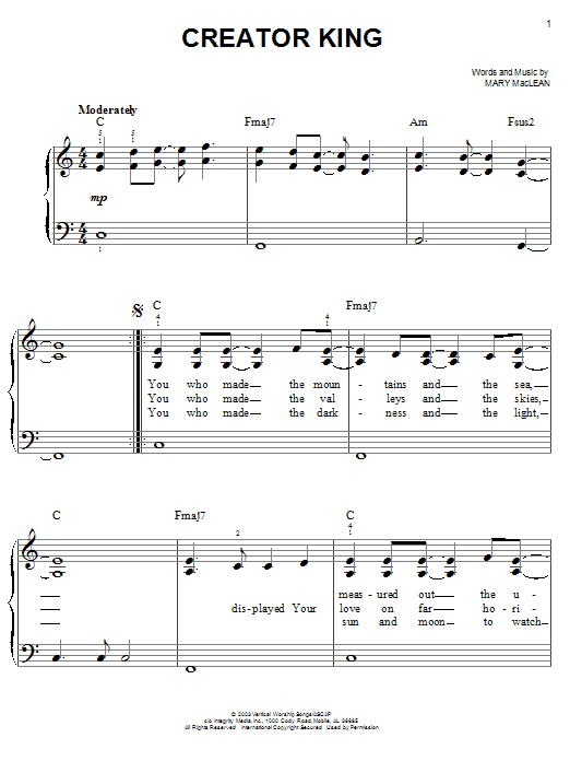 Download Mary Maclean Creator King Sheet Music and learn how to play Easy Piano PDF digital score in minutes