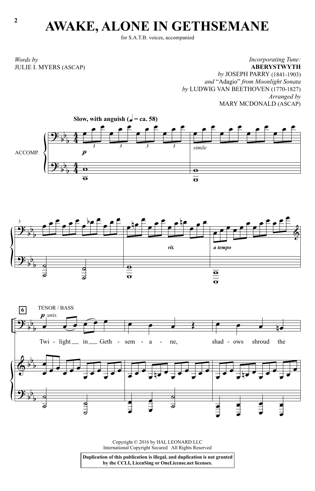 Download Mary McDonald Awake, Alone In Gethsemane Sheet Music and learn how to play SATB PDF digital score in minutes