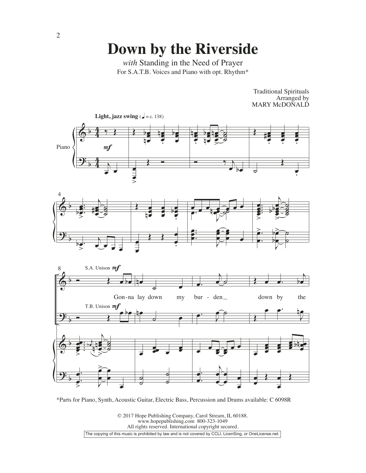 Download Mary McDonald Down by the Riverside Sheet Music and learn how to play SATB Choir PDF digital score in minutes