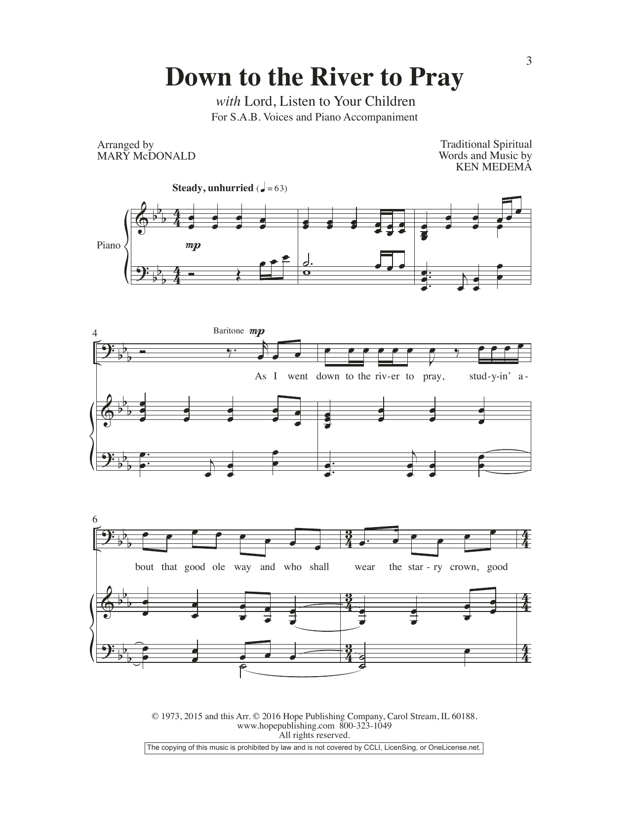 Download Mary McDonald Down to the River to Pray Sheet Music and learn how to play SAB Choir PDF digital score in minutes