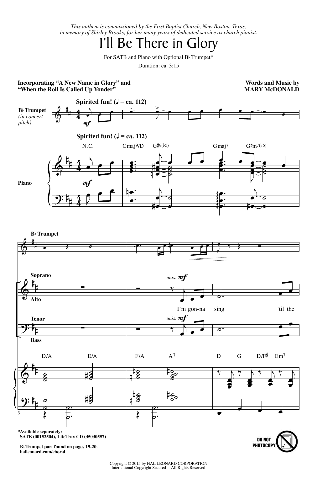 Download Mary McDonald I'll Be There In Glory Sheet Music and learn how to play Choral PDF digital score in minutes