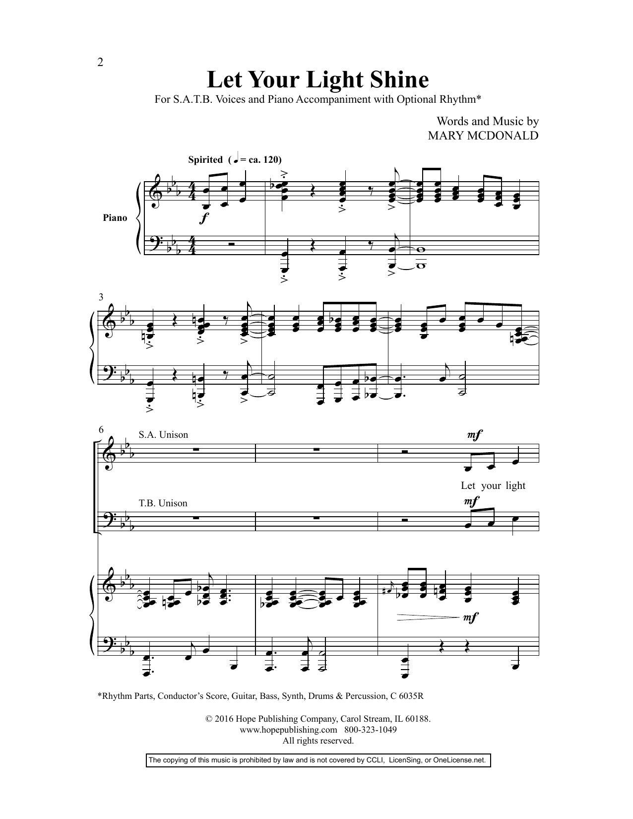 Download Mary McDonald Let Your Light Shine Sheet Music and learn how to play SATB Choir PDF digital score in minutes