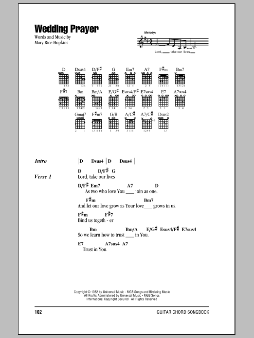 Download Mary Rice Hopkins Wedding Prayer Sheet Music and learn how to play Lyrics & Chords PDF digital score in minutes