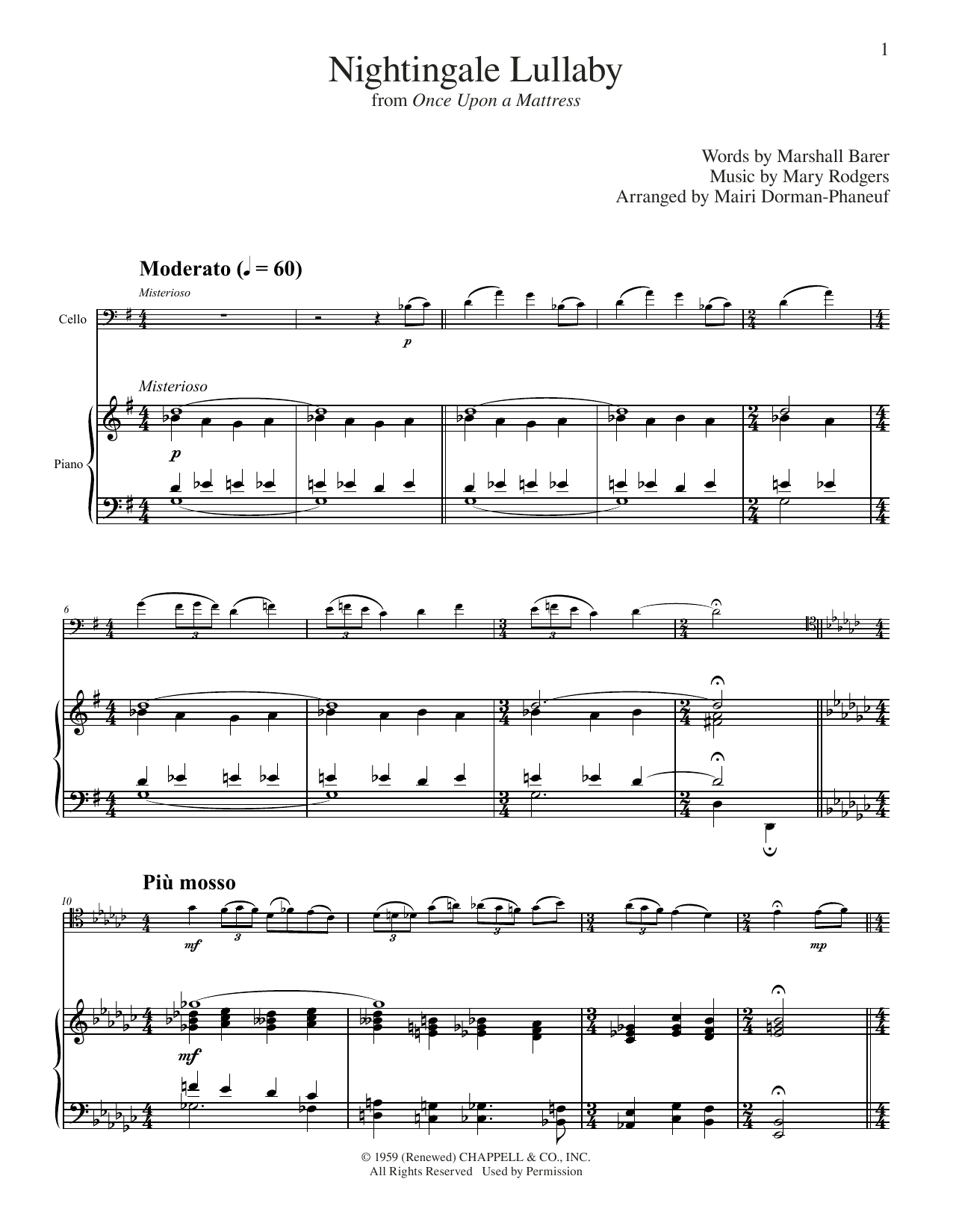 Download Mary Rodgers Nightingale Lullaby (from Once Upon A Mattress) (arr. Mairi Dorman-Phaneuf) Sheet Music and learn how to play Cello and Piano PDF digital score in minutes