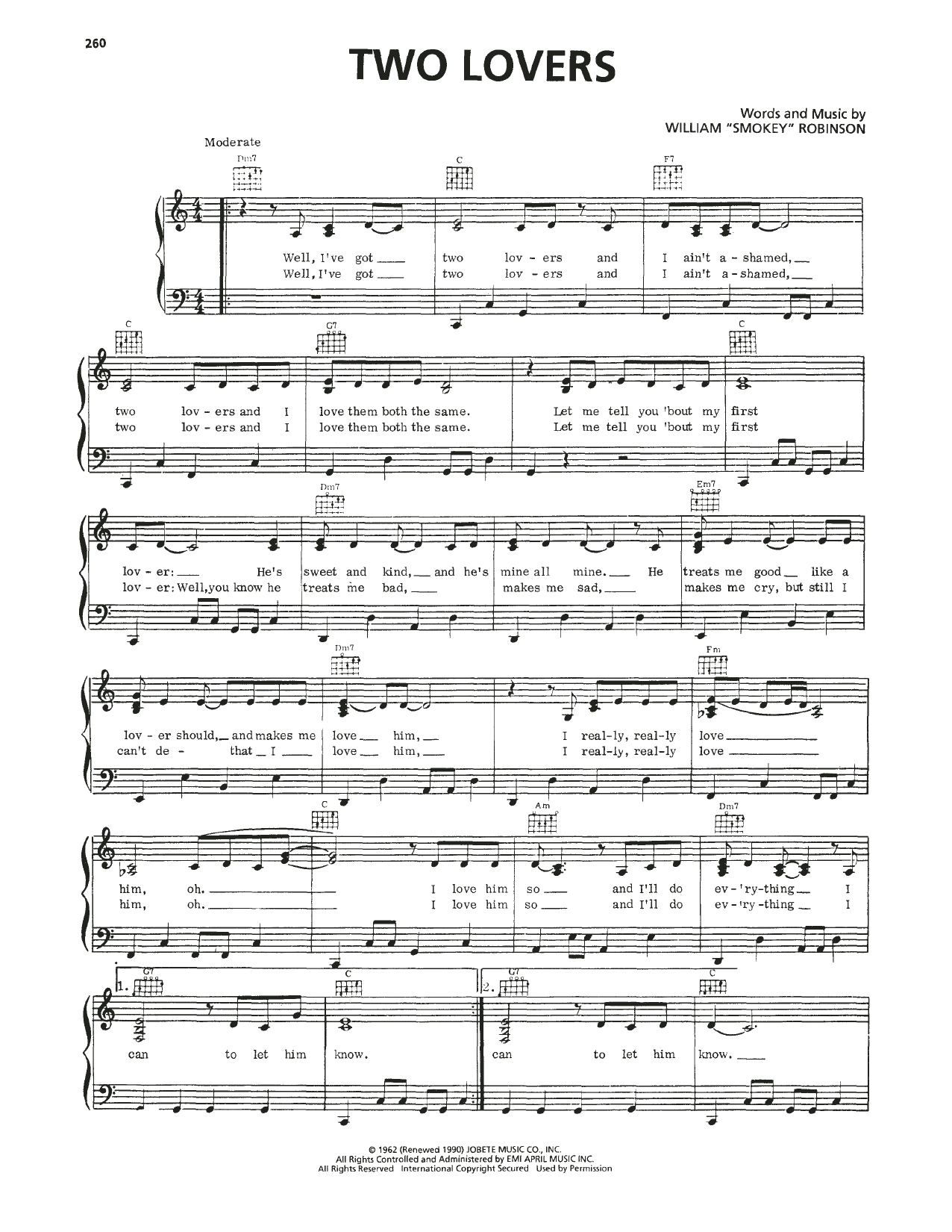Download Mary Wells Two Lovers Sheet Music and learn how to play Piano, Vocal & Guitar Chords (Right-Hand Melody) PDF digital score in minutes
