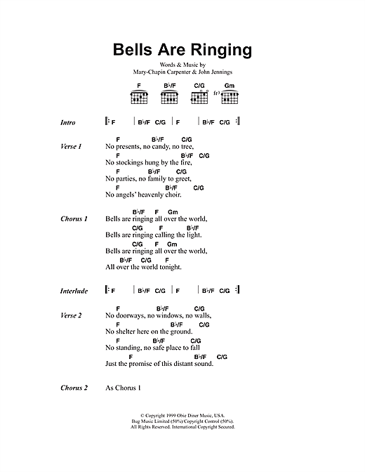Download Mary Chapin Carpenter Bells Are Ringing Sheet Music and learn how to play Lyrics & Chords PDF digital score in minutes