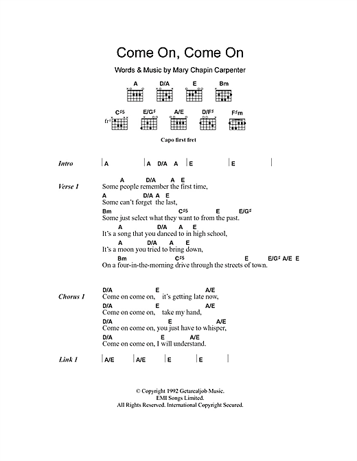 Download Mary Chapin Carpenter Come On Come On Sheet Music and learn how to play Lyrics & Chords PDF digital score in minutes