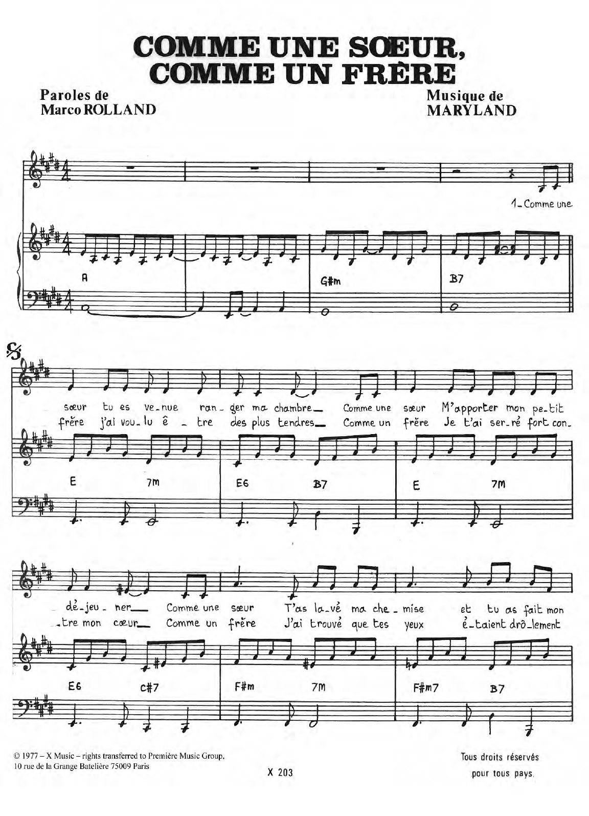Download Maryland Comme Une Soeur Comme Un Frere Sheet Music and learn how to play Piano & Vocal PDF digital score in minutes