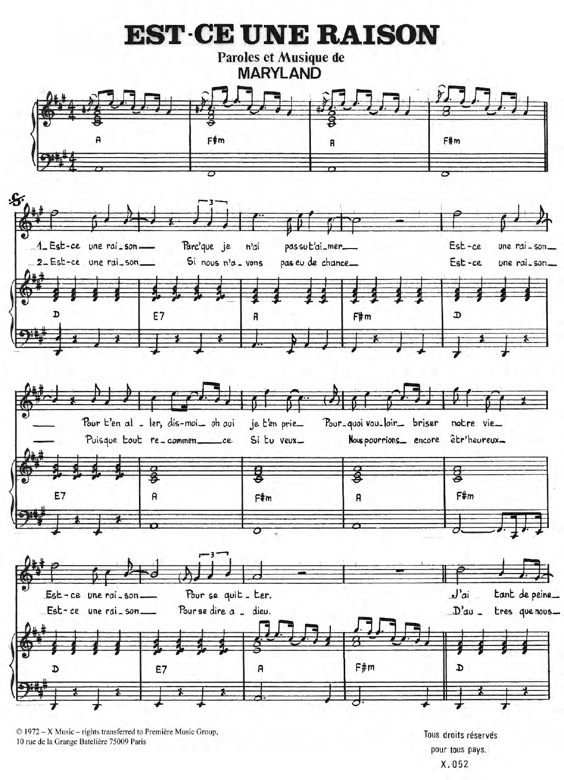 Download Maryland Est Ce Une Raison Sheet Music and learn how to play Piano & Vocal PDF digital score in minutes