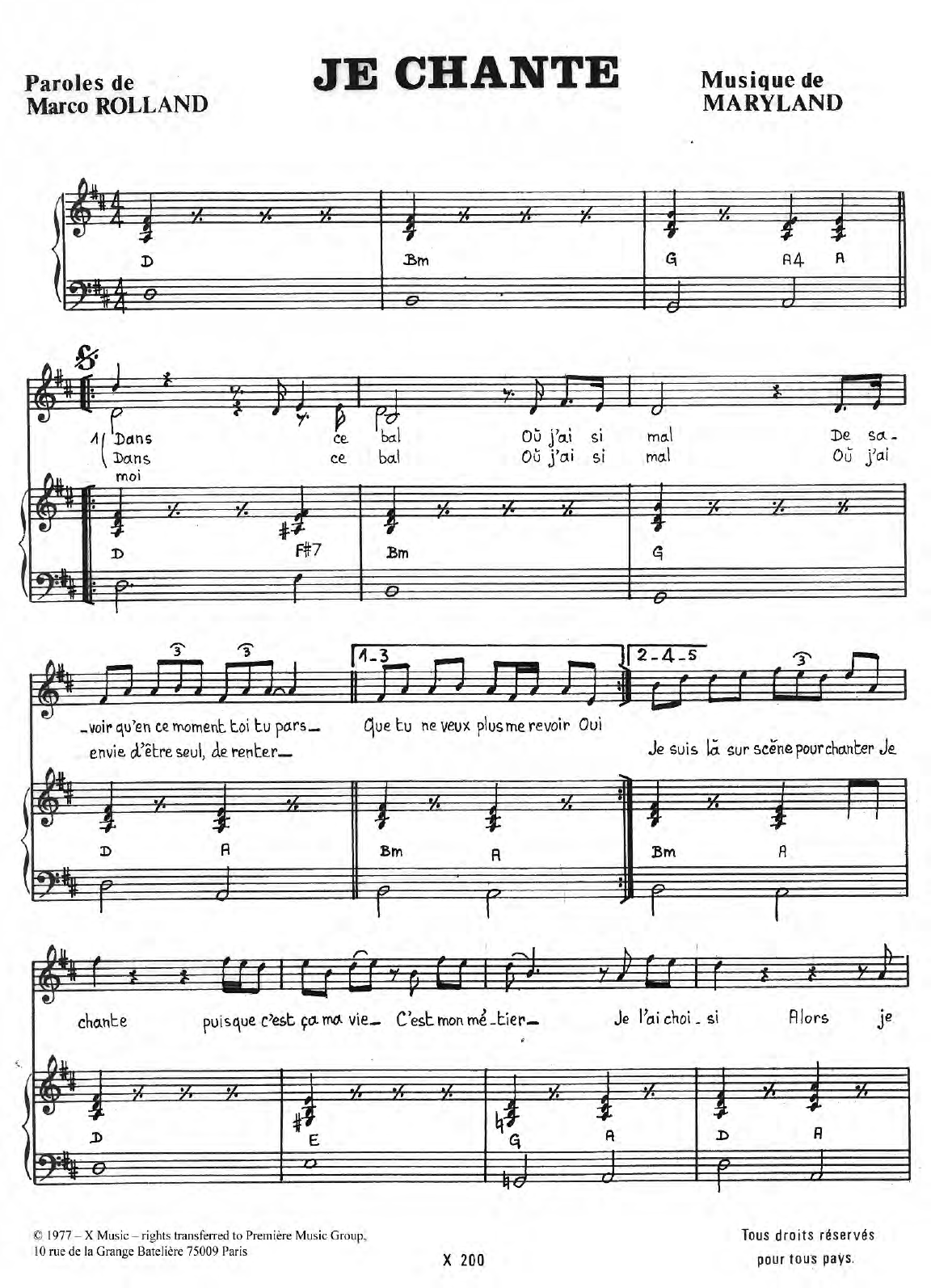 Download Maryland Je Chante Sheet Music and learn how to play Piano & Vocal PDF digital score in minutes