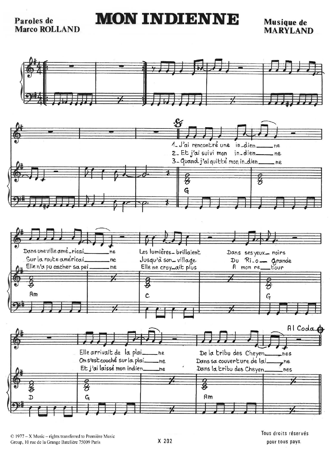 Download Maryland Mon Indienne Sheet Music and learn how to play Piano & Vocal PDF digital score in minutes