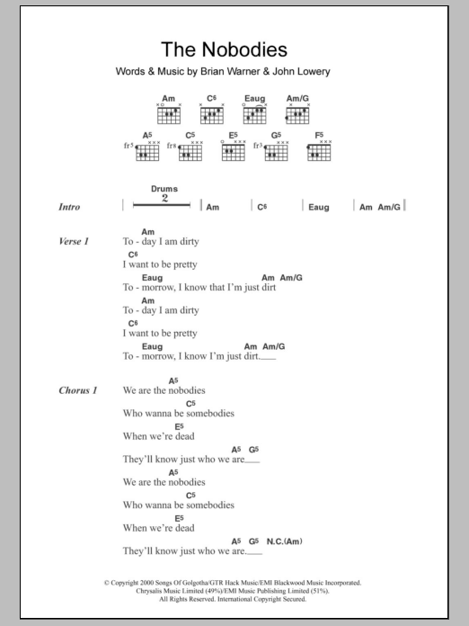 Download Marilyn Manson The Nobodies Sheet Music and learn how to play Lyrics & Chords PDF digital score in minutes