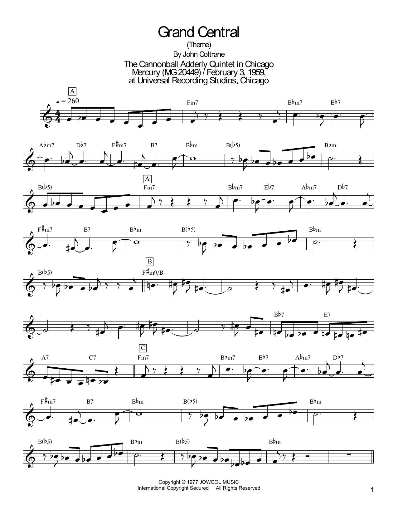 Download Masaya Yamaguchi Grand Central Sheet Music and learn how to play Tenor Sax Transcription PDF digital score in minutes