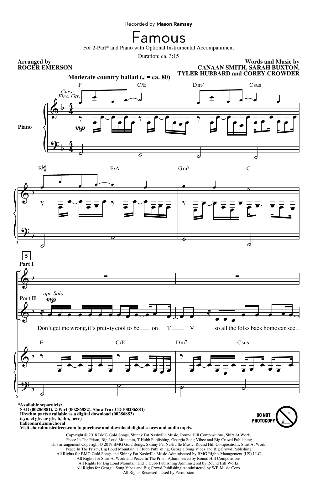 Download Mason Ramsey Famous (arr. Roger Emerson) Sheet Music and learn how to play 2-Part Choir PDF digital score in minutes