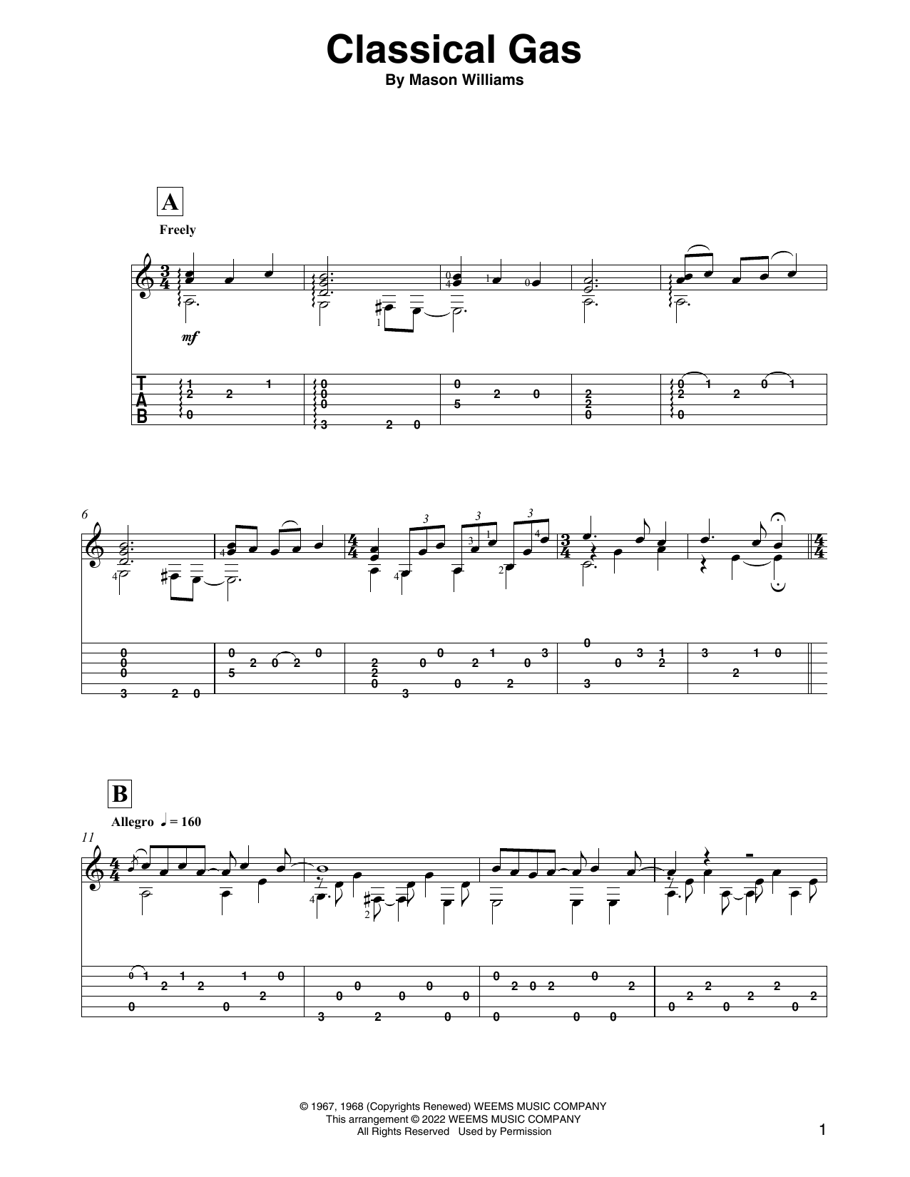 Download Mason Williams Classical Gas (arr. David Jaggs) Sheet Music and learn how to play Solo Guitar PDF digital score in minutes