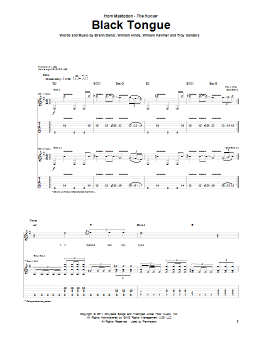 Download Mastodon Black Tongue Sheet Music and learn how to play Guitar Tab PDF digital score in minutes