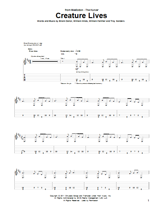 Download Mastodon Creature Lives Sheet Music and learn how to play Guitar Tab PDF digital score in minutes