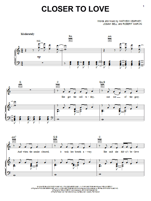 Download Mat Kearney Closer To Love Sheet Music and learn how to play Piano, Vocal & Guitar (Right-Hand Melody) PDF digital score in minutes