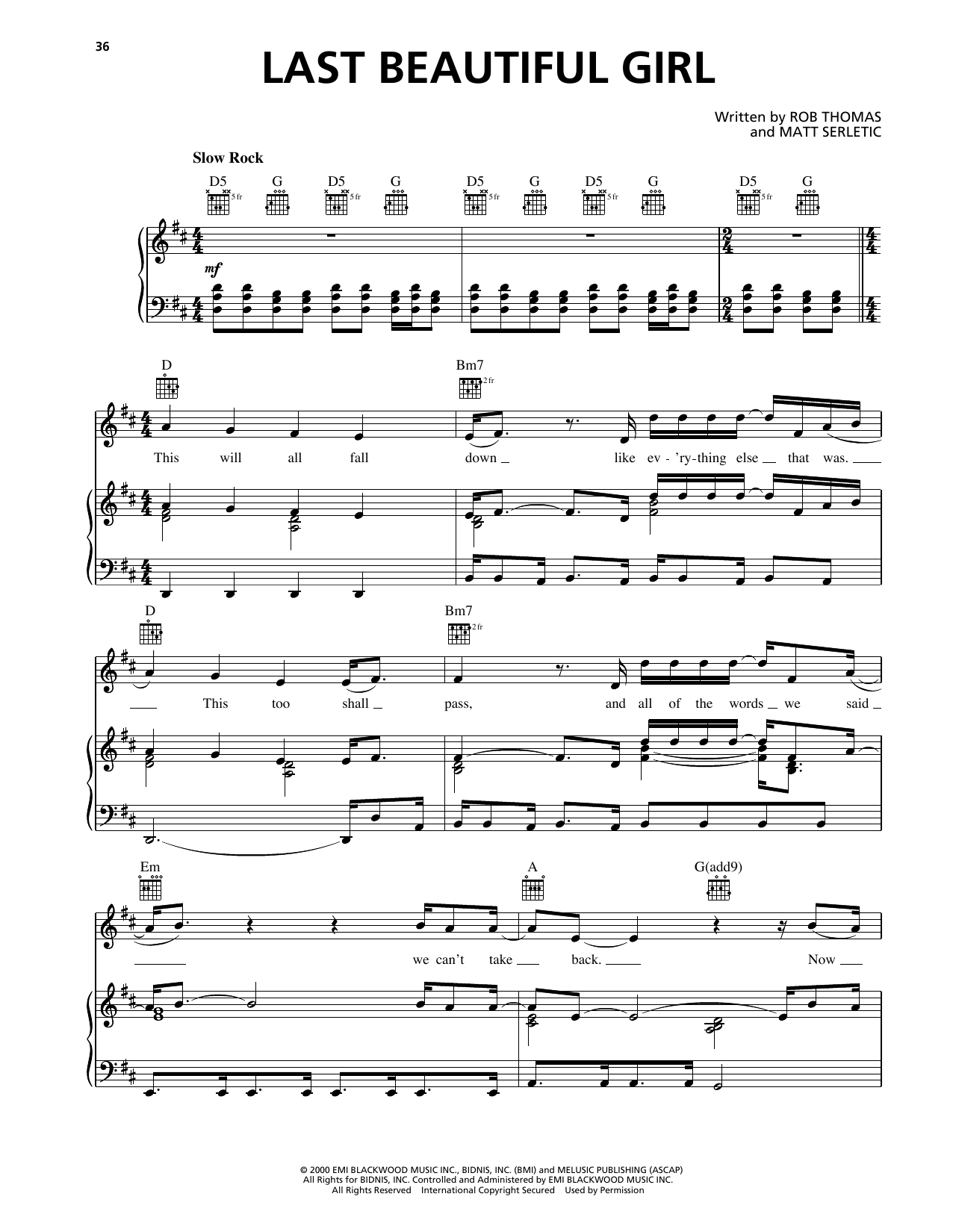 Download Matchbox Twenty Last Beautiful Girl Sheet Music and learn how to play Piano, Vocal & Guitar Chords (Right-Hand Melody) PDF digital score in minutes