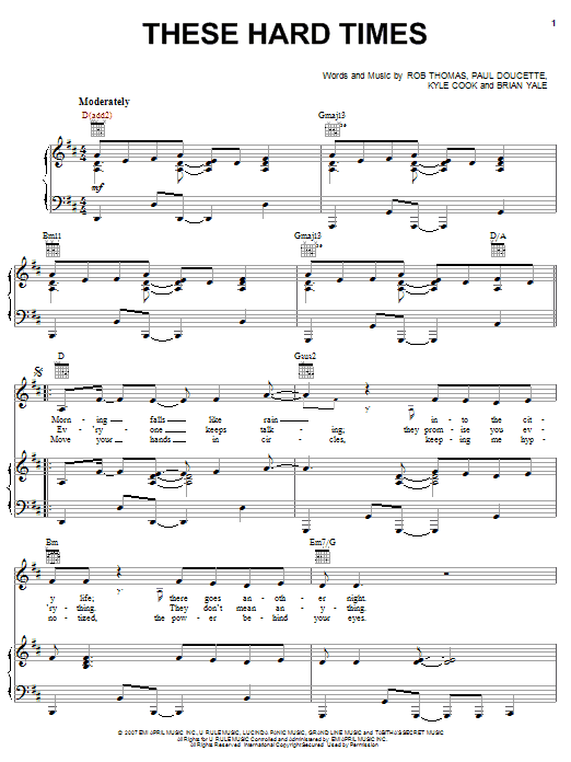 Download Matchbox Twenty These Hard Times Sheet Music and learn how to play Piano, Vocal & Guitar (Right-Hand Melody) PDF digital score in minutes