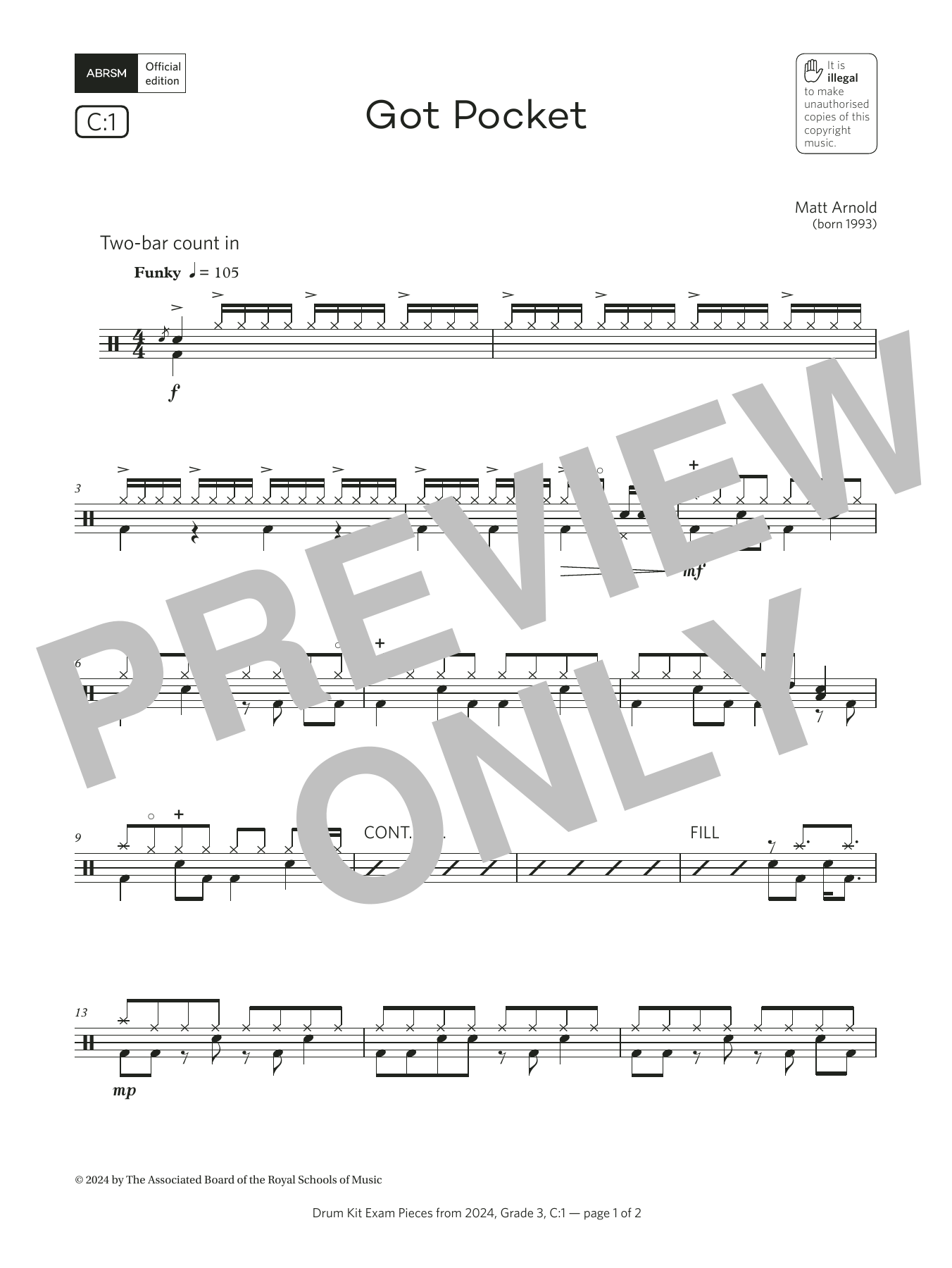 Download Matt Arnold Got Pocket (Grade 3, list C1, from the ABRSM Drum Kit Syllabus 2024) Sheet Music and learn how to play Drums PDF digital score in minutes
