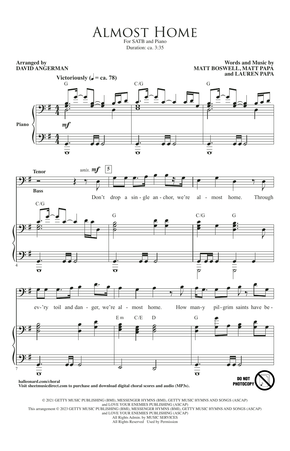 Download Matt Boswell, Matt Papa and Lauren Papa Almost Home (arr. David Angerman) Sheet Music and learn how to play SATB Choir PDF digital score in minutes