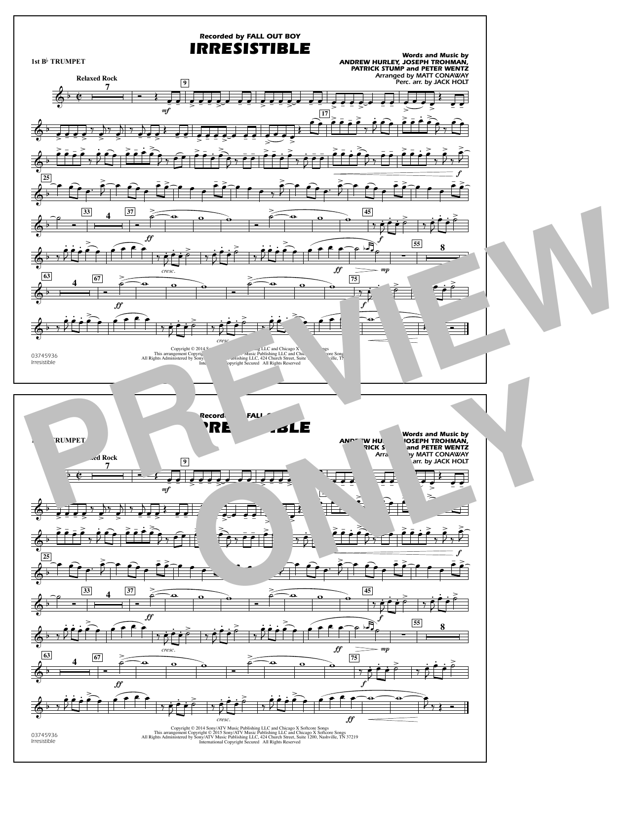 Download Matt Conaway Irresistible - 1st Bb Trumpet Sheet Music and learn how to play Marching Band PDF digital score in minutes
