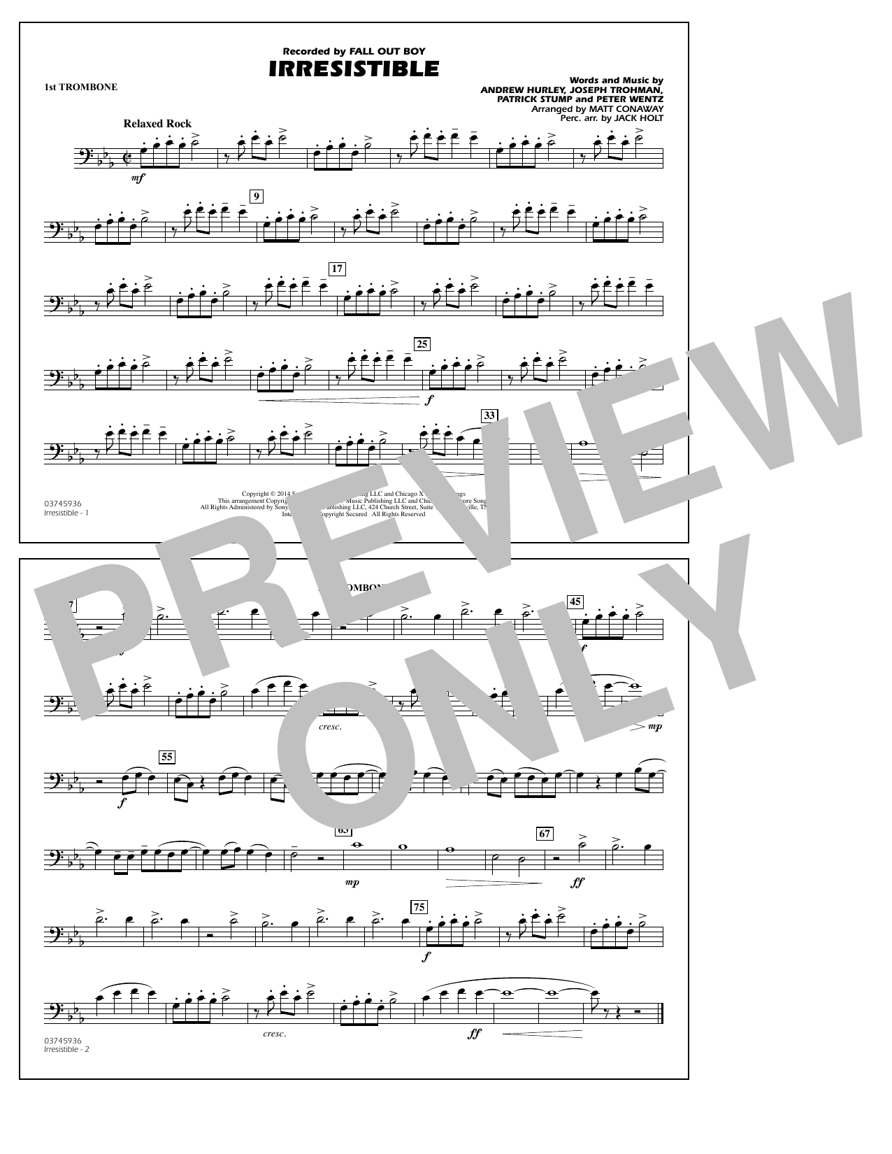 Download Matt Conaway Irresistible - 1st Trombone Sheet Music and learn how to play Marching Band PDF digital score in minutes
