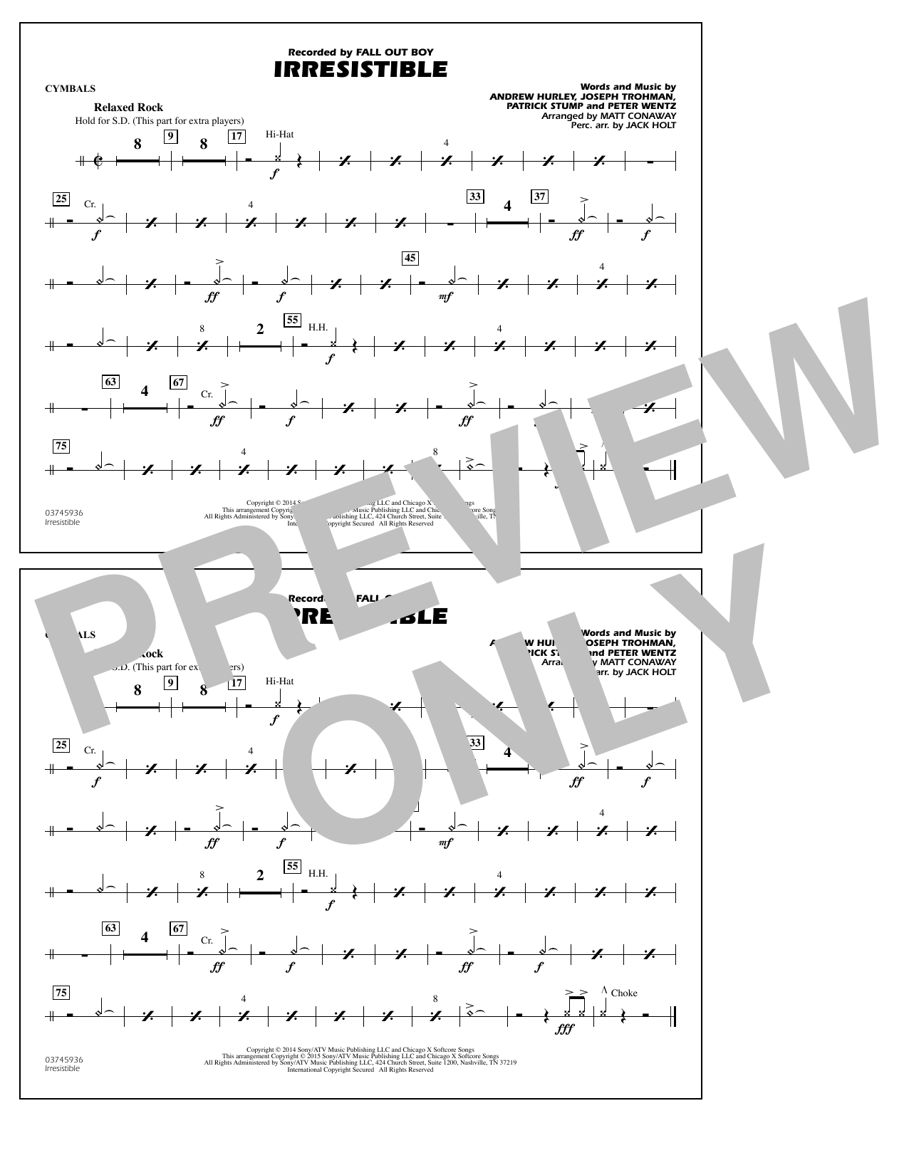 Download Matt Conaway Irresistible - Cymbals Sheet Music and learn how to play Marching Band PDF digital score in minutes