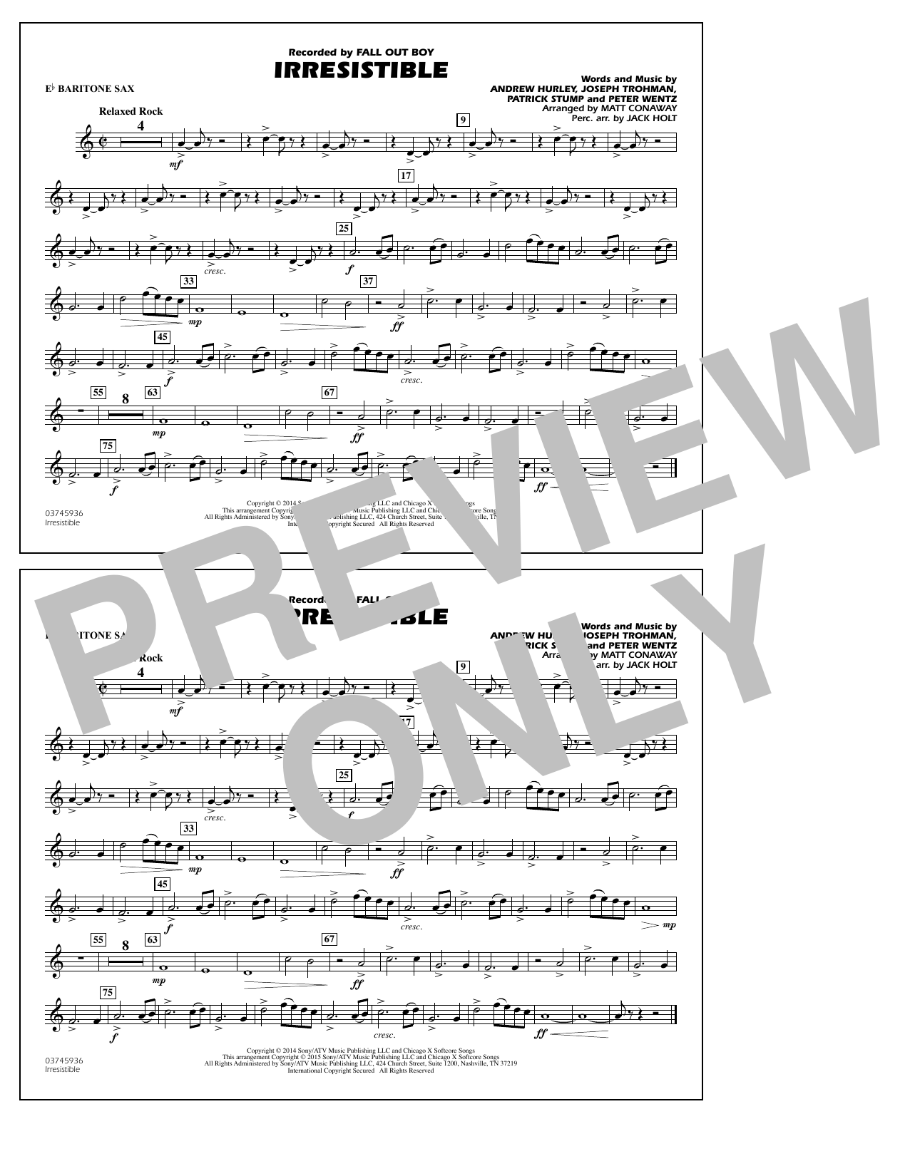 Download Matt Conaway Irresistible - Eb Baritone Sax Sheet Music and learn how to play Marching Band PDF digital score in minutes