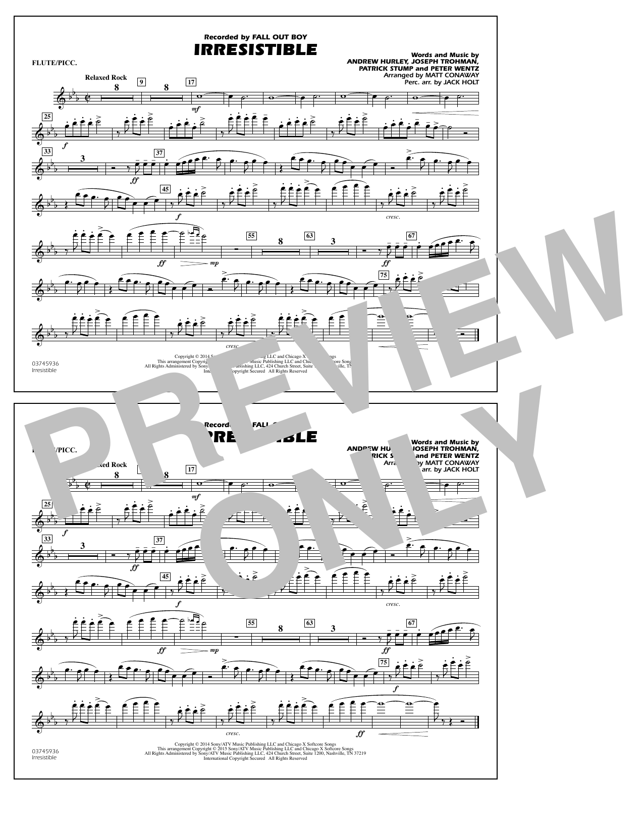 Download Matt Conaway Irresistible - Flute/Piccolo Sheet Music and learn how to play Marching Band PDF digital score in minutes