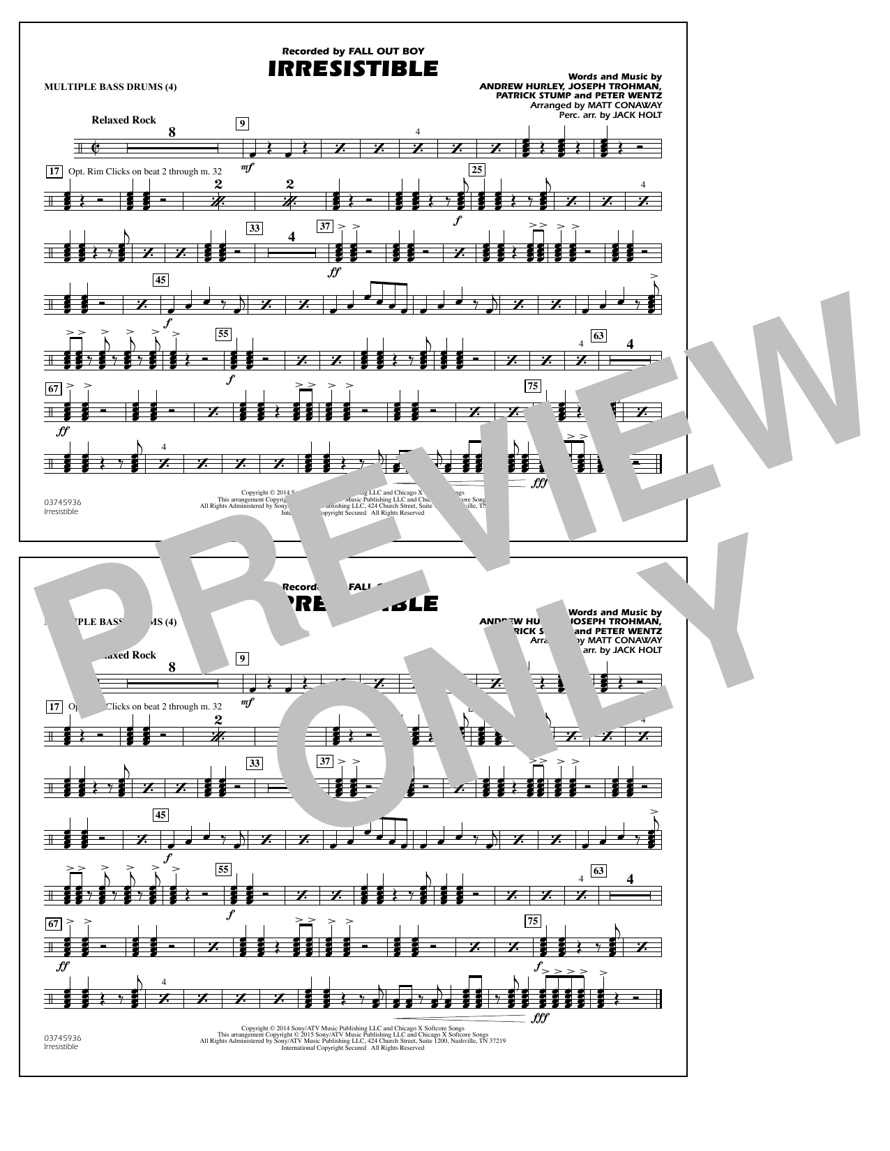 Download Matt Conaway Irresistible - Multiple Bass Drums Sheet Music and learn how to play Marching Band PDF digital score in minutes