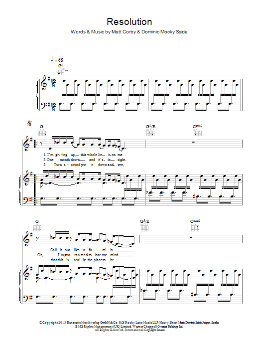 Download Matt Corby Resolution Sheet Music and learn how to play Piano, Vocal & Guitar (Right-Hand Melody) PDF digital score in minutes
