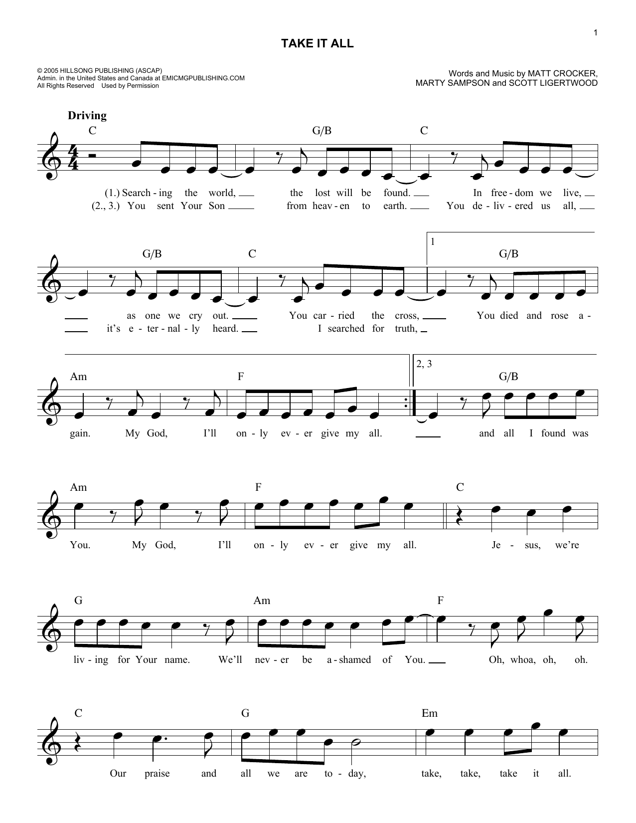 Download Matt Crocker Take It All Sheet Music and learn how to play Melody Line, Lyrics & Chords PDF digital score in minutes