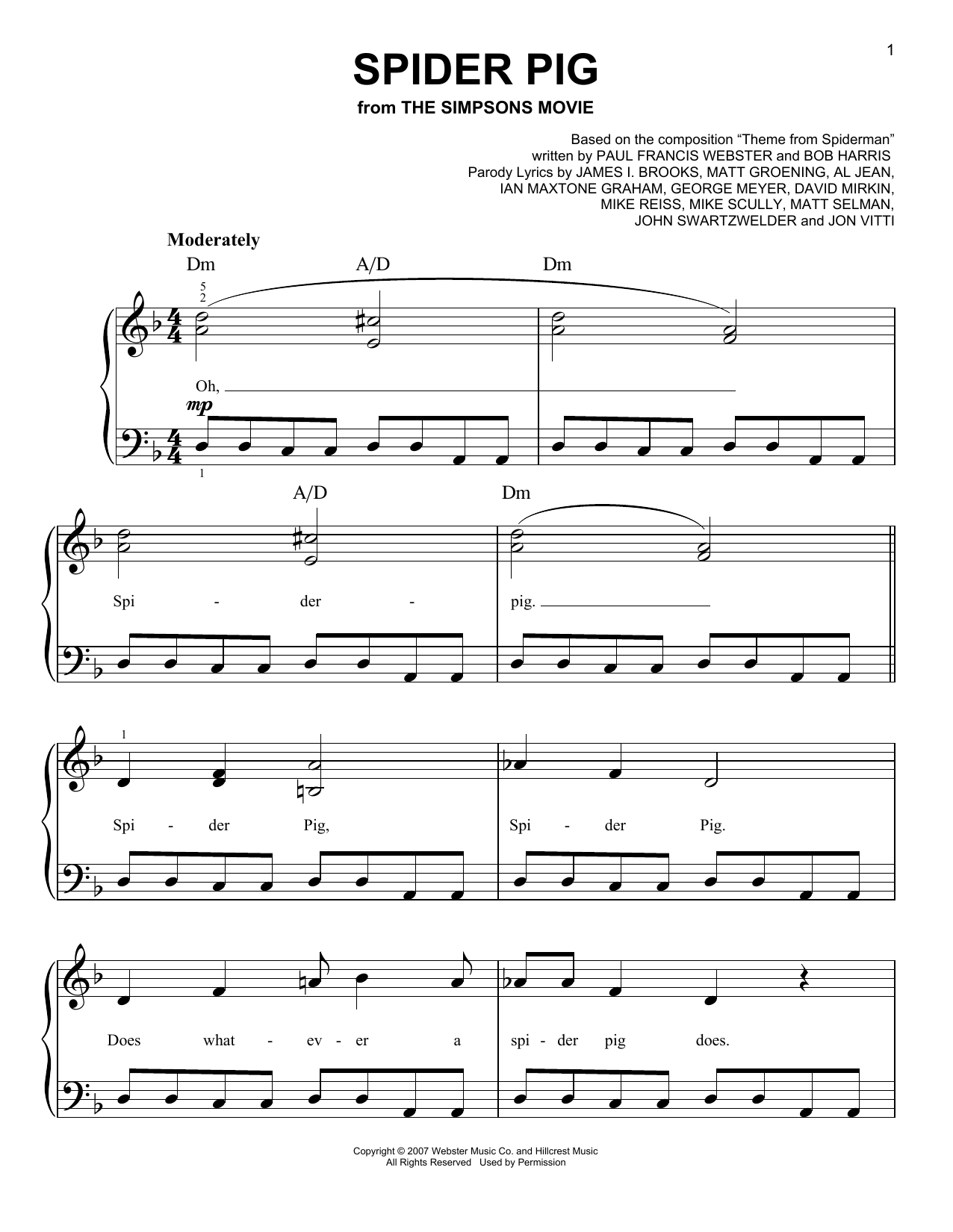 Download Matt Groening Spider Pig Sheet Music and learn how to play Easy Piano PDF digital score in minutes